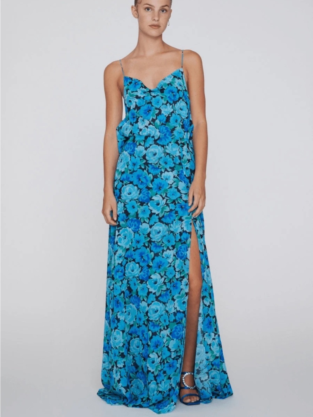Brand New ROTATE BIRGER CHRISTENSEN Ibiza Blue Floral Chiffon Maxi Slit Dress
